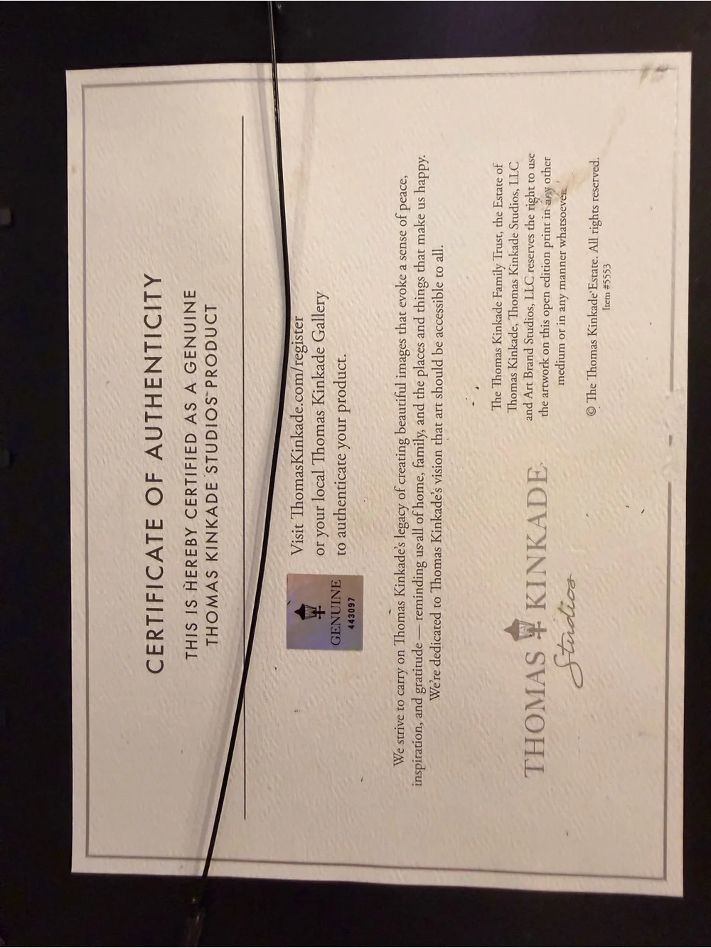 Certificate of Authenticity Document
